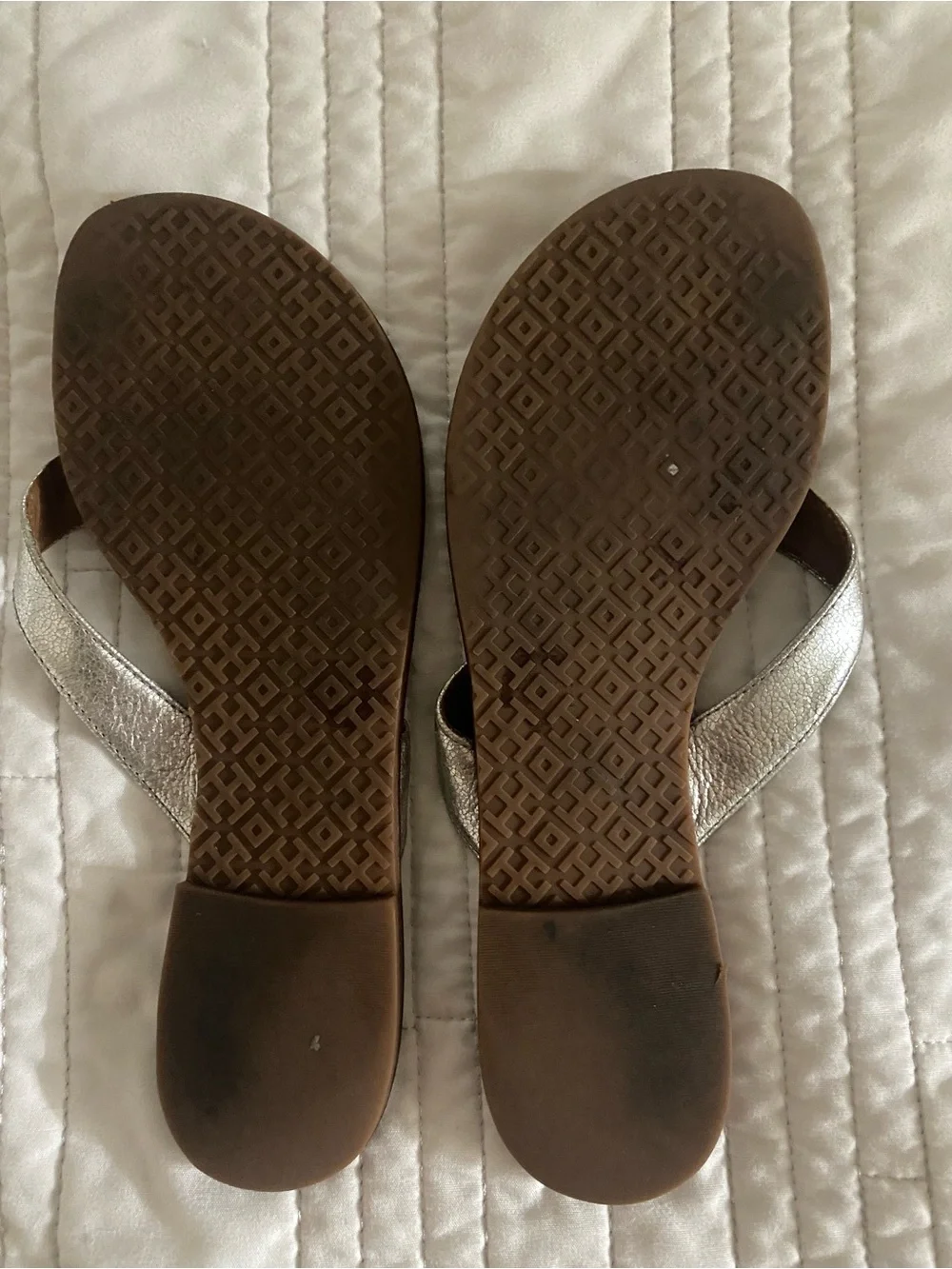 Tory Burch Silver and Brown Logo Thong Sandals